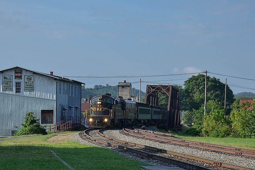 A train crossing the big steel bridge over the Tygart River on the way into the depot in Elkins, WV.