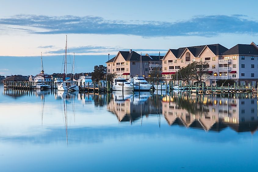 View of Manteo's waterfront marina at daybreak