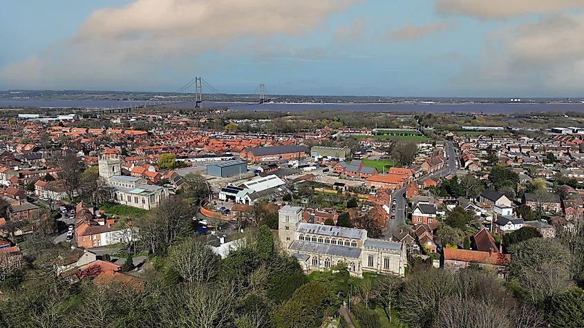 Aerial view of Barton-upon-Humber on the south bank of the Humber Estuary in Lincolnshire, England.