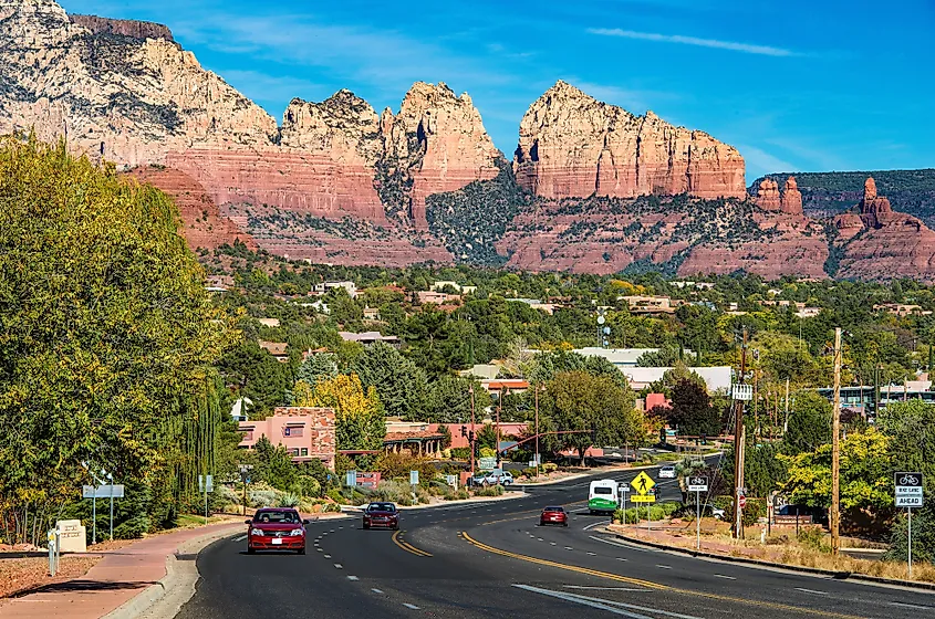 A highway running through the gorgeous mountain town of Sedona, Arizona.