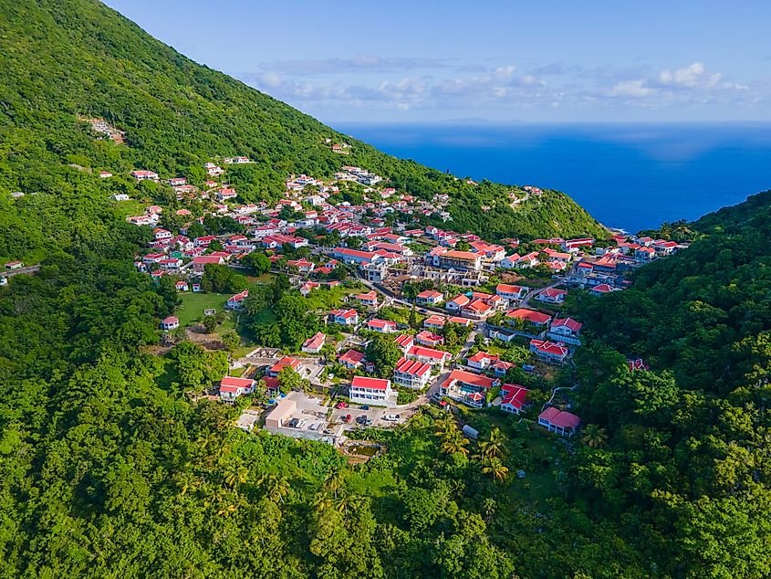 Windwardside historic town center aerial view in Saba, Caribbean Netherlands.