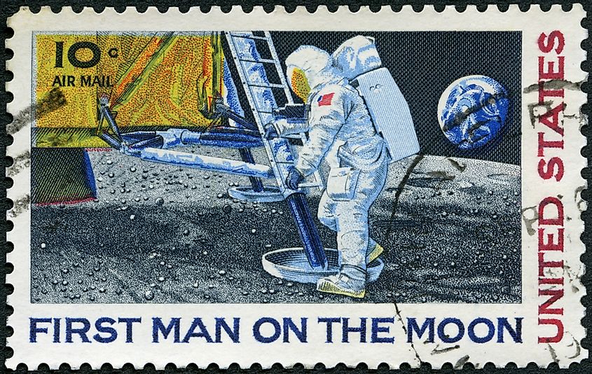 A stamp printed in USA shows First Moon Landing, July 20, 1969,