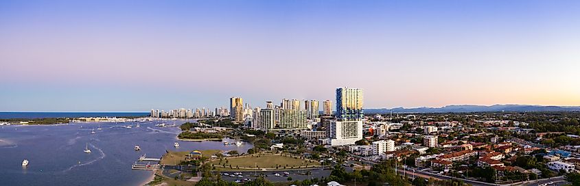 Panorama of Southport and the Gold Coast Broadwater at dusk, Queensland, Australia.