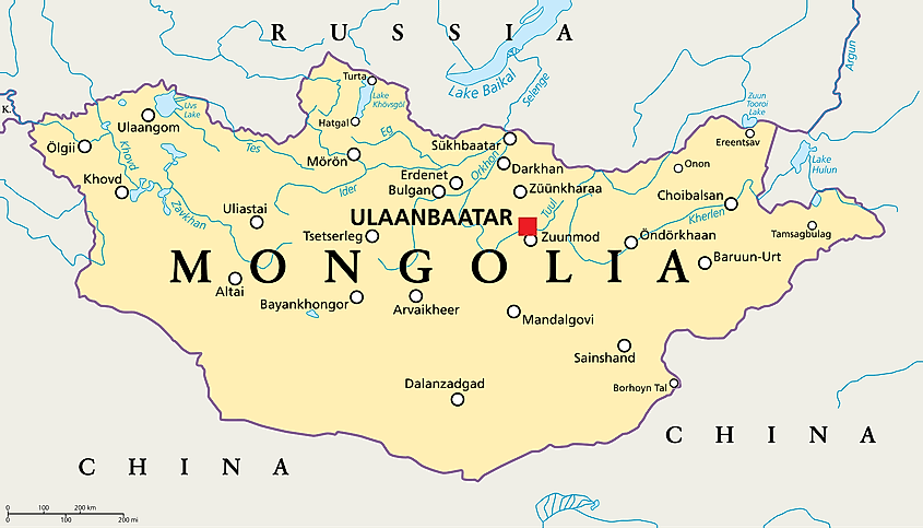 Map of Mongolia with bordering countries.