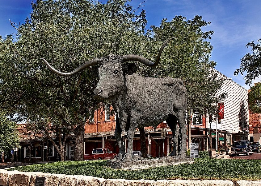 Statue of a longhorn on Front Street in Dodge City, Kansas.