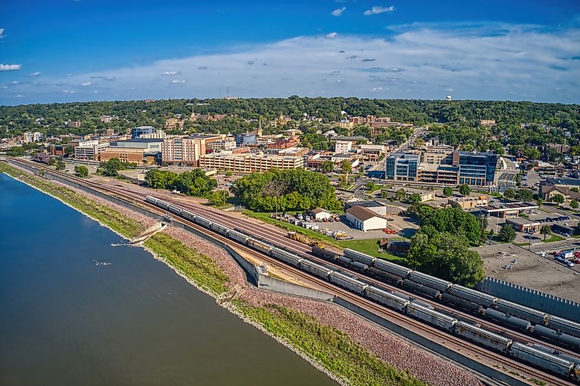 Aerial view of the downtown business district of Mankato, Minnesota.