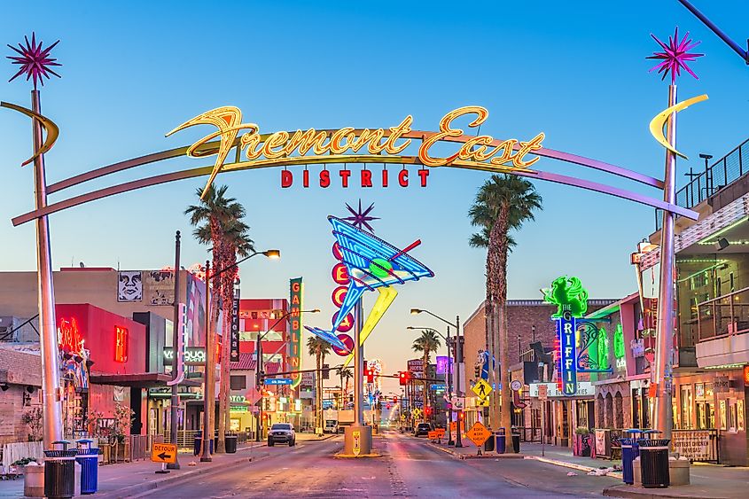 Fremont East District of Las Vegas at dawn. It is among the most famous streets in the Las Vegas Valley.