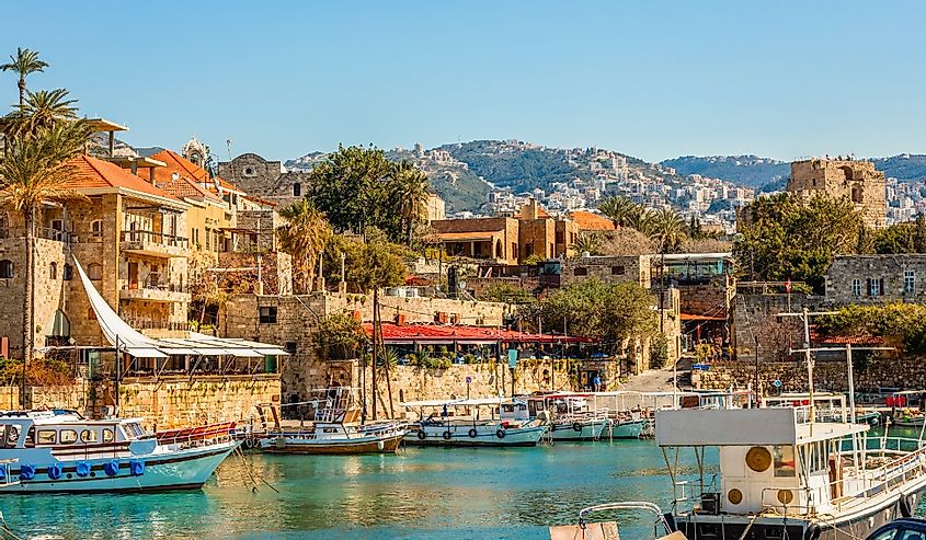 Mediterranean Jbeil port lagoon with anchored fishing boats, Biblos, Lebanon