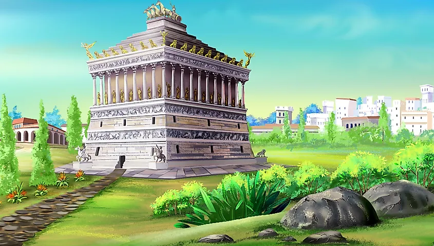 An illustration of the Mausoleum of Halicarnassus.