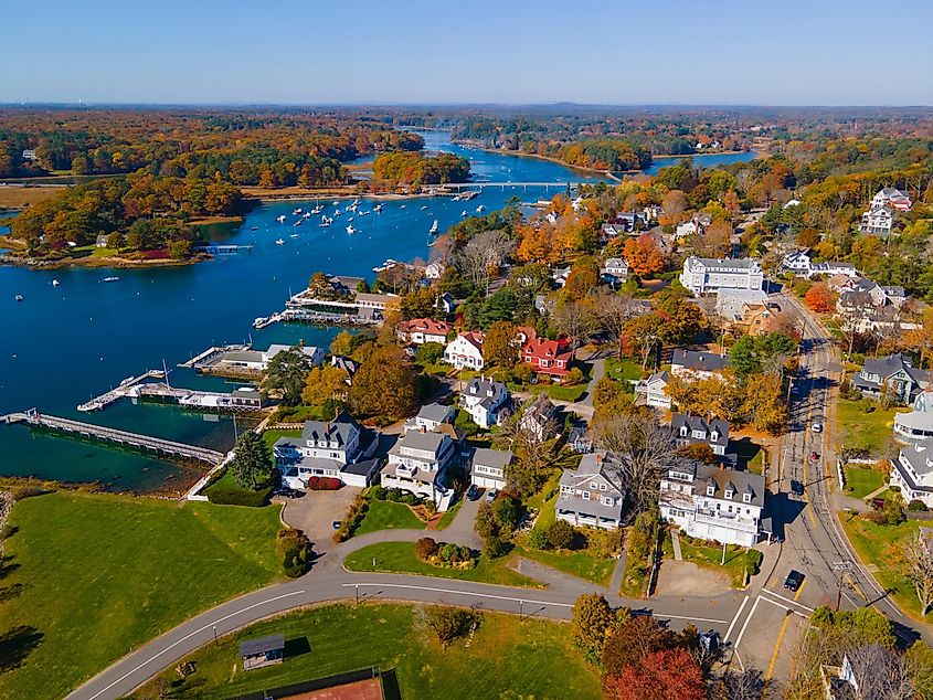 Aerial view of the York River at Stage Neck, where it meets York Harbor in the town of York, Maine, USA.