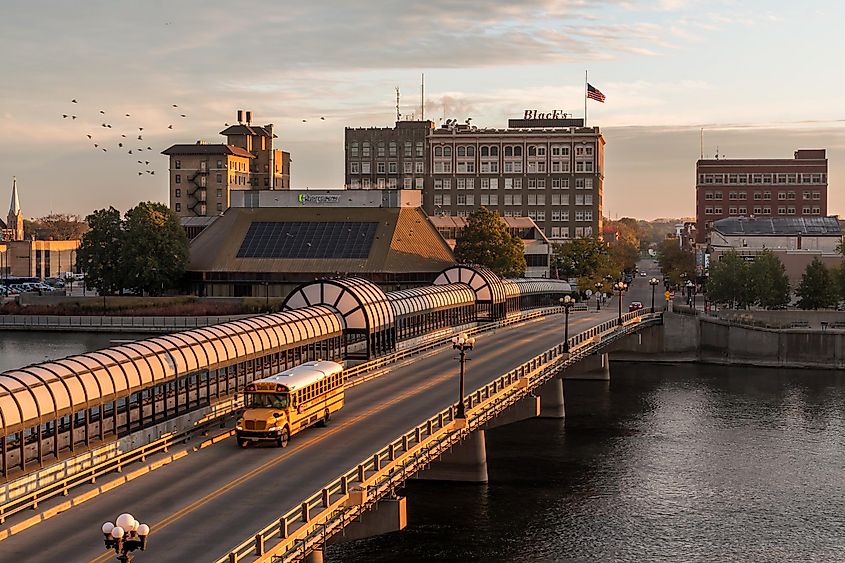 the W 4th St Bridge over the Cedar River in Waterloo, Iowa during a Fall Sunrise