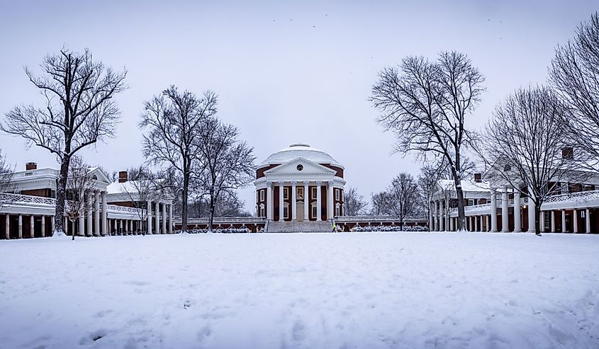 The Fresh snowfall on the University of Virginia grounds The Rotunda featured in the center