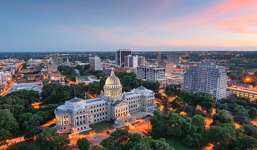 Jackson, Mississippi, USA skyline over the Capitol Building at dusk.