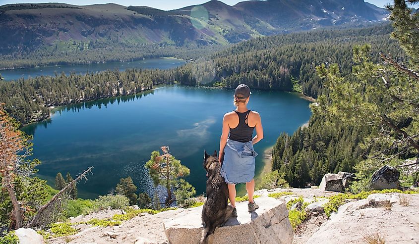 A girl and her dog stand above a beautiful high alpine lake on a sunny summer day in Mammoth, California.