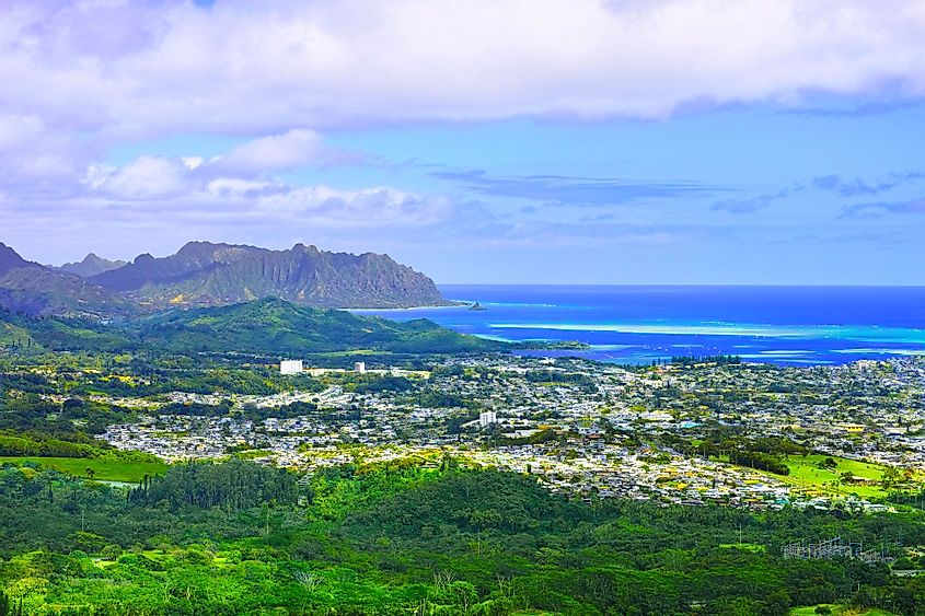 Kaneohe residential area, Kaneohe Bay and sandbar as seen from the Nuuanu Paris observatory on Oahu, Hawaii