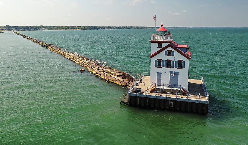 Lorain Ohio Lighthouse off the coast of downtown Lorain, taken from the right at 20 feet above Lake Erie