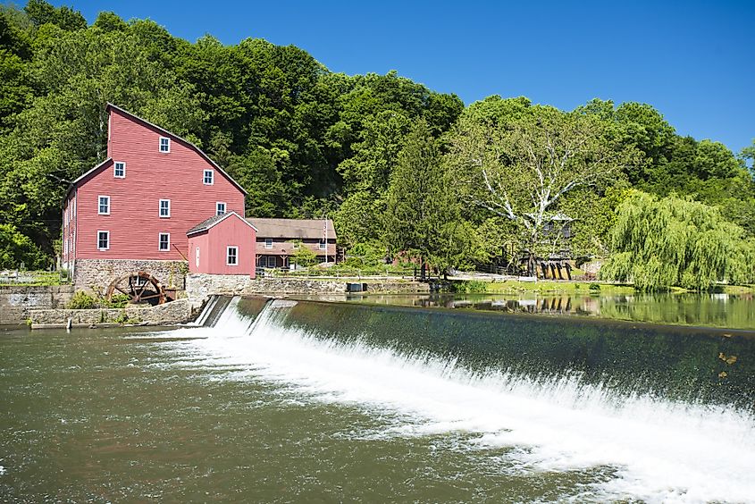 The Red Mill and waterfall in Clinton, New Jersey.