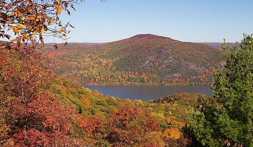 View of fall foliage from Storm King Mountain, New York.