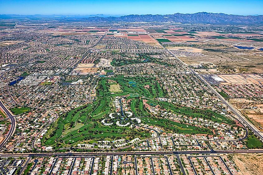 Aerial view of Litchfield Park, Arizona, looking west with the White Tank Mountains in the distance.