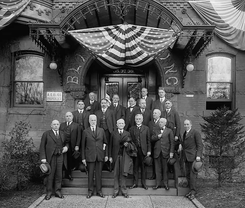 Wayne Bidwell Wheeler, , the successful leader of the Prohibition movement. With him are a group of men standing on the steps of the Washington Headquarters of the National Woman's Christian Temperanc