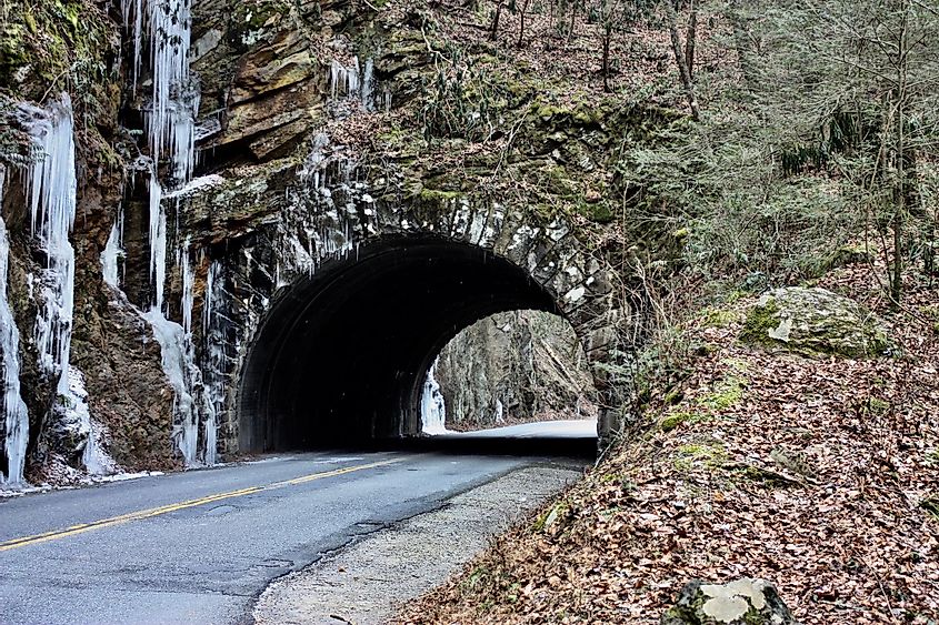 Frozen tunnel leading to the Smoky Mountains in Pigeon Forge, Tennessee.