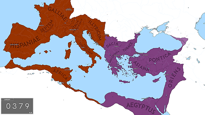 An approximate map of Diocletian's division of the Western and Eastern Roman Empire, 380 AD.