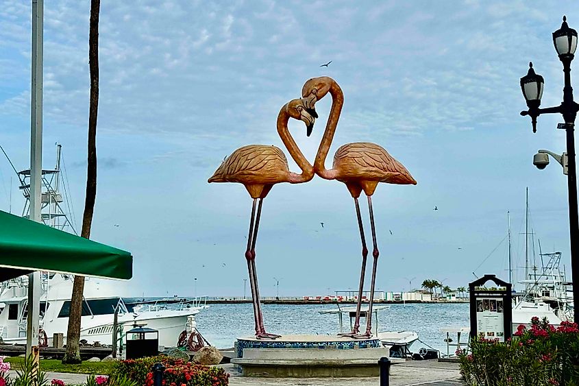 Giant flamingos at Renaissance Marina Image Credit Bryan Dearsley  