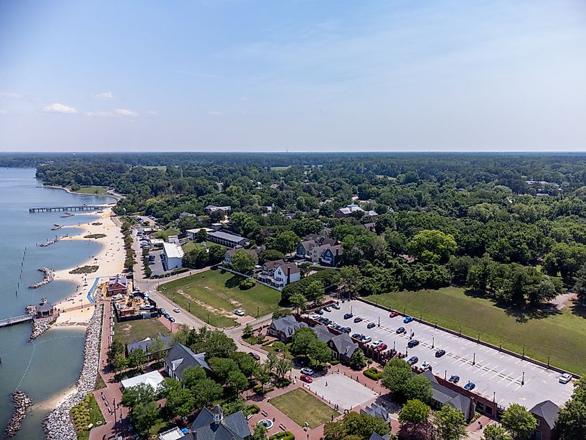 Aerial view of Yorktown Beach and the York River in Virginia.