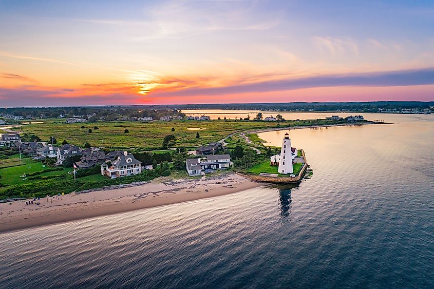 Aerial view of the Lynde Point Light in Old Saybrook, Connecticut.