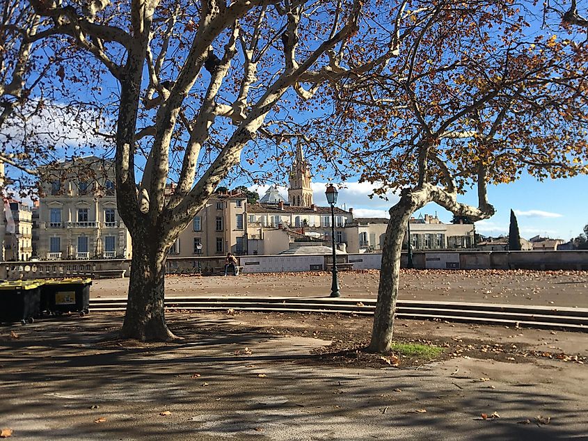 A fall day in a park in France. The spire of a classic cathedral can be seen against a bluebird sky