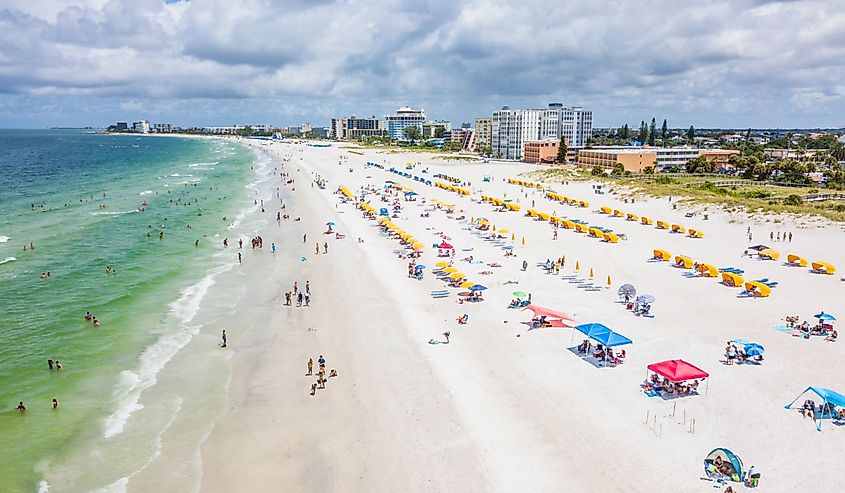 St. Pete Beach Florida. Ocean beach, Hotels and Resorts in US. Blue-turquoise color of salt water. American Coast or shore line in Gulf of Mexico. St Petersburg Clearwater Florida