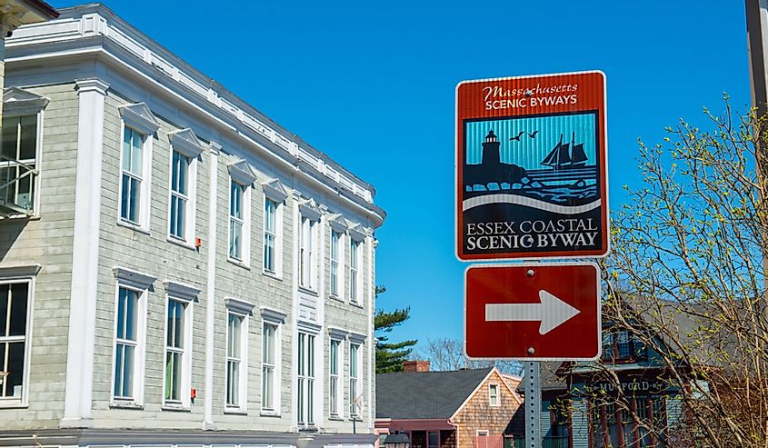  Sign of Massachusetts Essex Coastal Scenic Byway on Washington Street near Marblehead town hall in Marblehead Historic District, Marblehead,