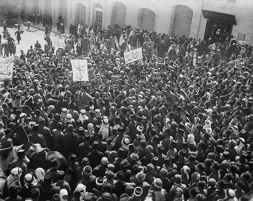 Arab Anti-Zionist demonstration is outside the Damascus Gate in Jerusalem. March 8, 1920. Shutterstock.