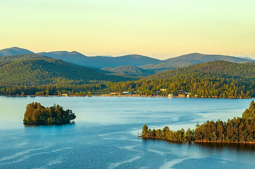 Aerial panoramic view of Lake Pleasant in the Adirondacks, New York