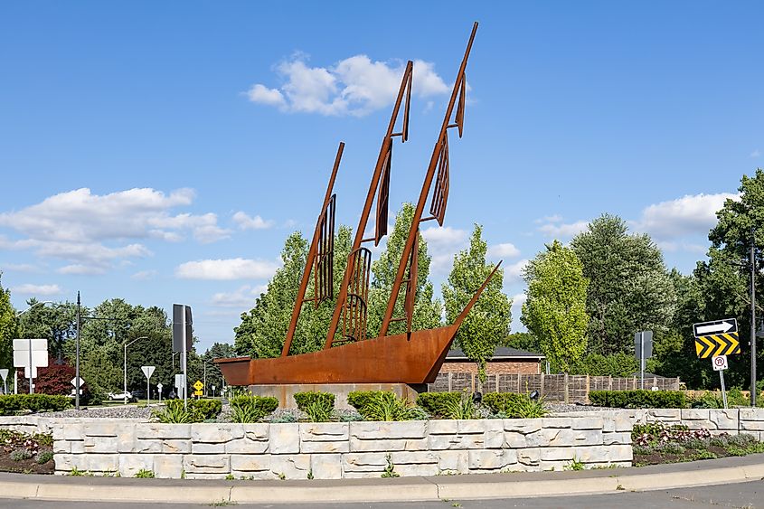 Corten steel sculpture of Le Griffon at the Malden Road roundabout in LaSalle, Ontario.