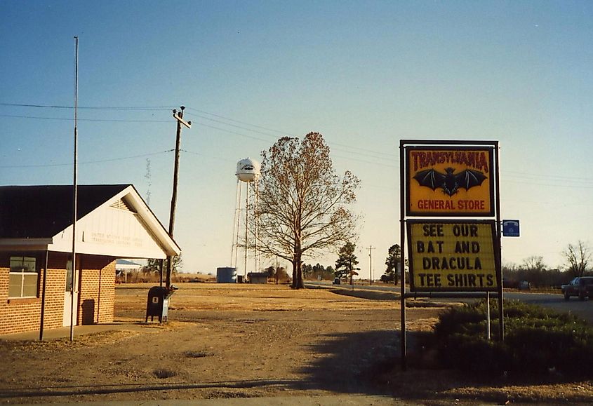 Transylvania: Post office, water tower, and sign for general store.