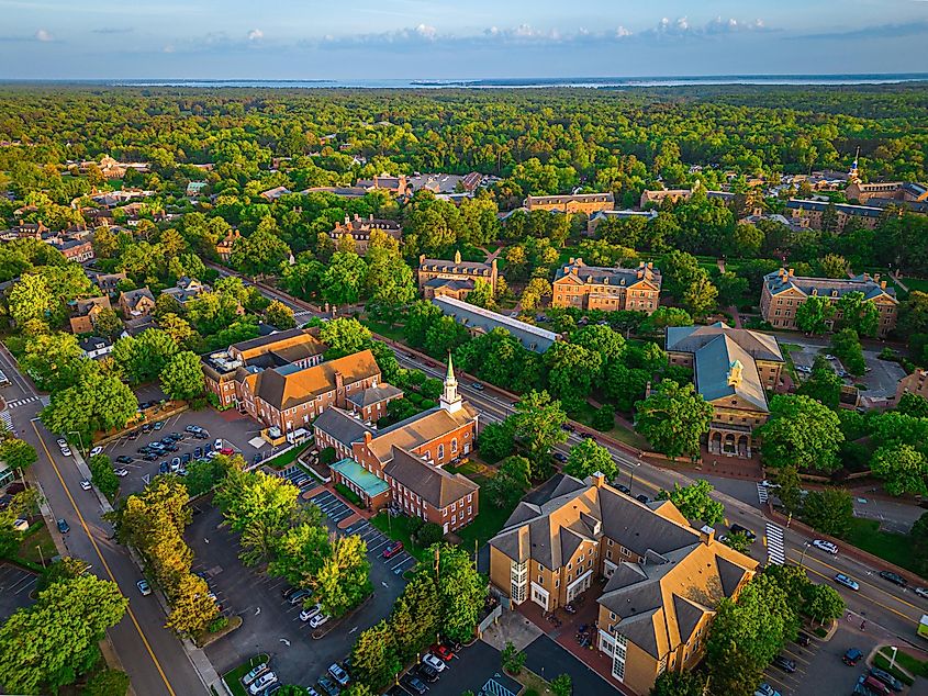 Williamsburg, Virginia, USA downtown from above at dusk.