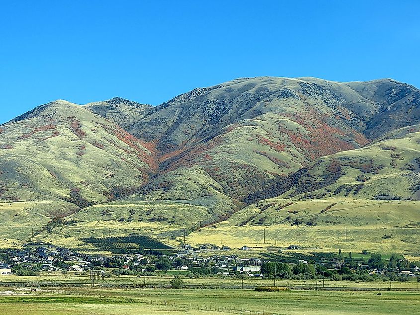 Looking east from Interstate 15 toward Perry, Utah and the Wasatch mountains