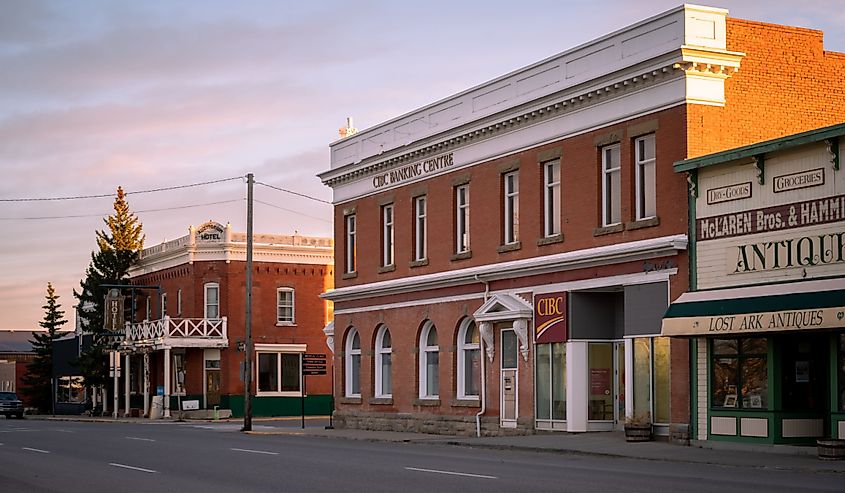 Facade of historical buildings in the historic town of Nanton.