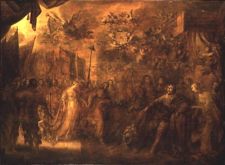 Christian IV receives homage from the countries of Europe as mediator in the Thirty Years' War. Grisaille by Adrian van de Venne, 1643.
