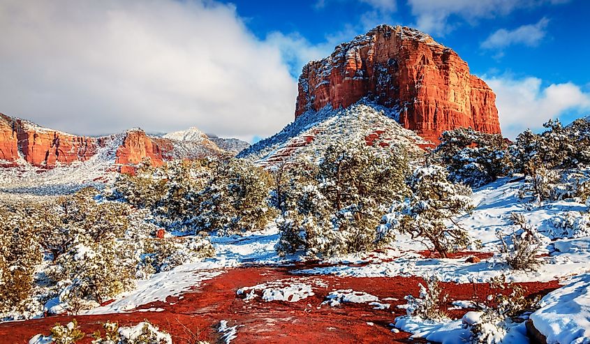 Courthouse Butte in Sedona, Arizona after heavy snow storm.