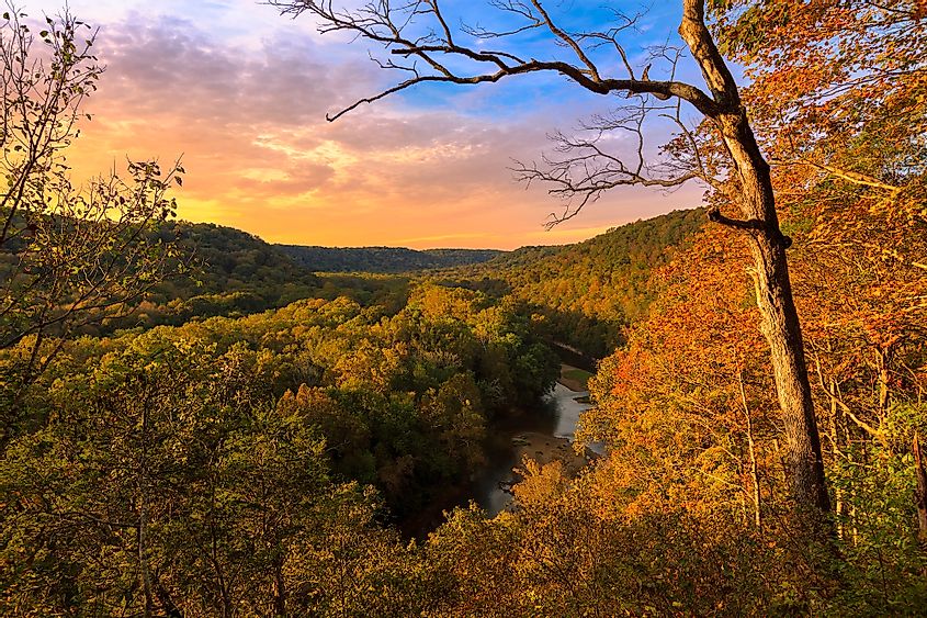 The sun sets over the Green River at Mammoth Cave National Park, Kentucky