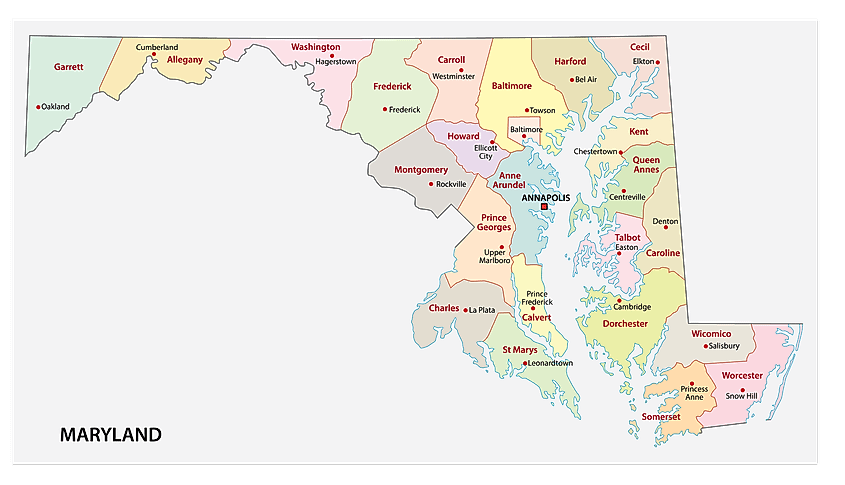 Administrative map of Maryland showing its counties, with Montgomery and Prince George's counties wrapping around the District of Columbia.