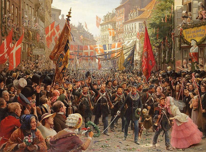 Danish soldiers return to Copenhagen after the Battle of Fredericia (1849), a Danish victory against German insurgents in Holstein and Schleswig in the First Schleswig War (1894 painting by Otto Bache)
