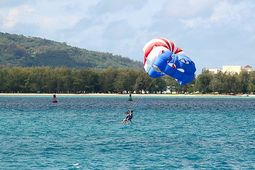 Parasailing is one of the major marine sports attractions in Saipan, Northern Mariana Islands. 