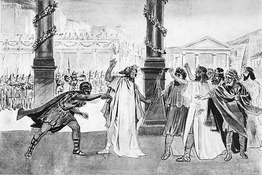 Depiction of Philip's assassination by Pausanias in The Story of the Greatest Nations.