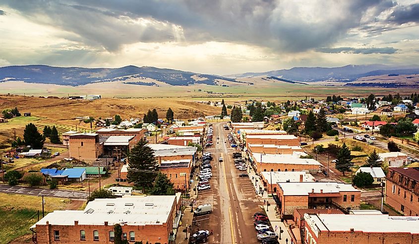Aerial view of Broadway Street of Philipsburg, Montana, Philipsburg is a town in and the county seat of Granite County, Montana, United States.
