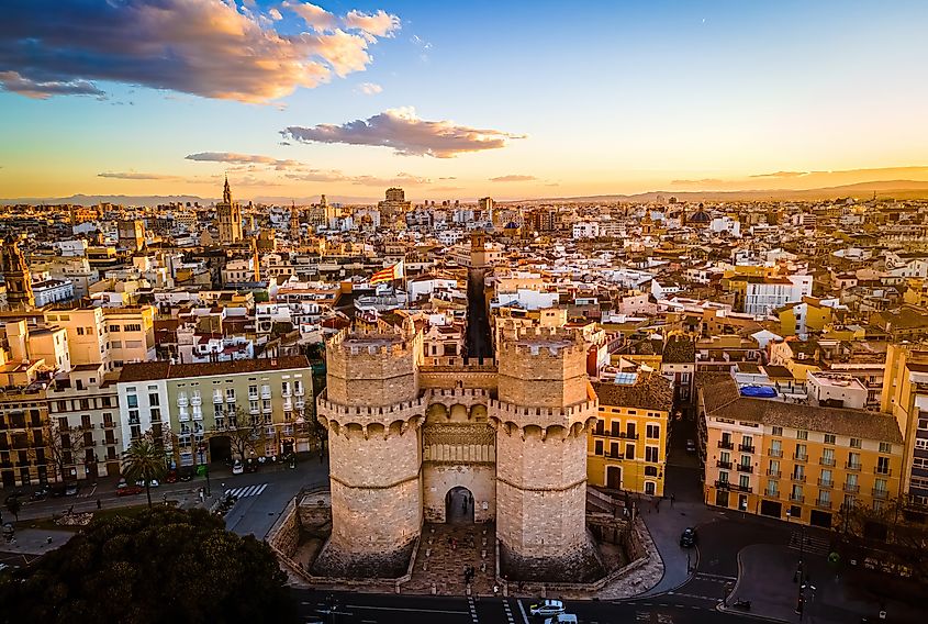 The aerial view of the old center of Valencia, a port city on Spains southeastern coast.