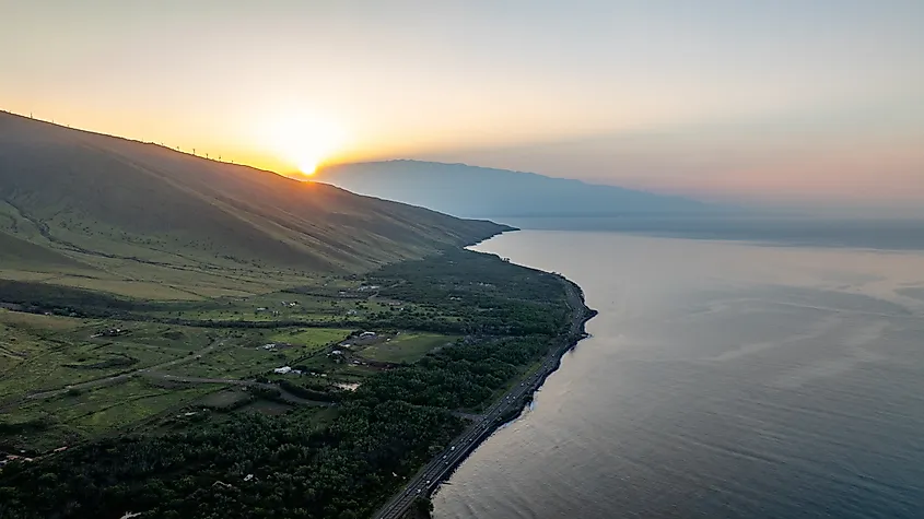 Aerial view of Maui, Hawaii showing coastal landscapes.