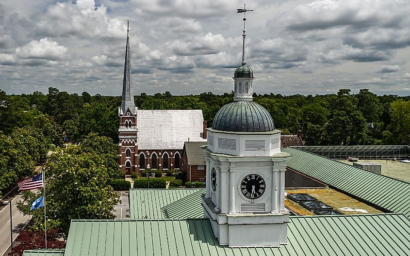 Overview of the Aiken skyline with clock tower and chapel